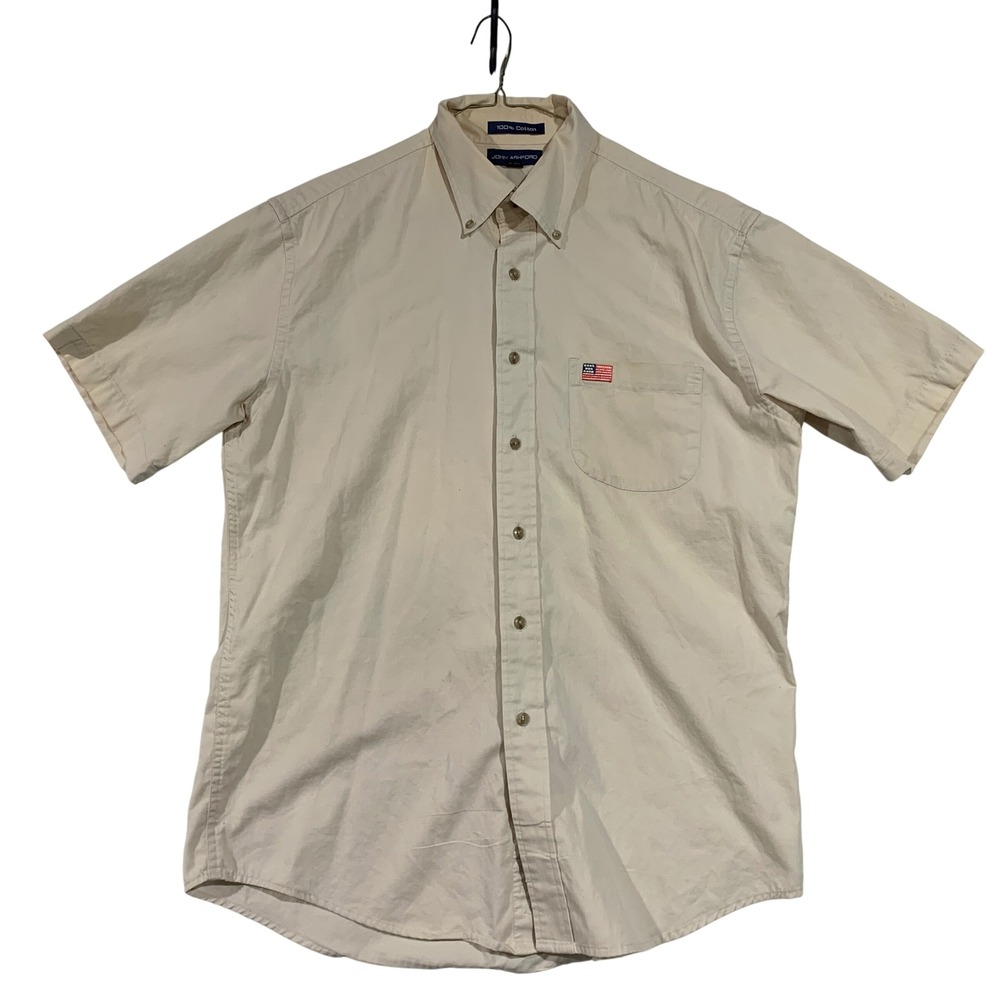John Ashford‎ Mens Medium Button Down Shirt Short Sleeve Beige Cotton US Flag